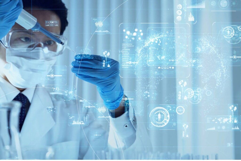 Researchers analyzing digital health technology trends in a medical device trial